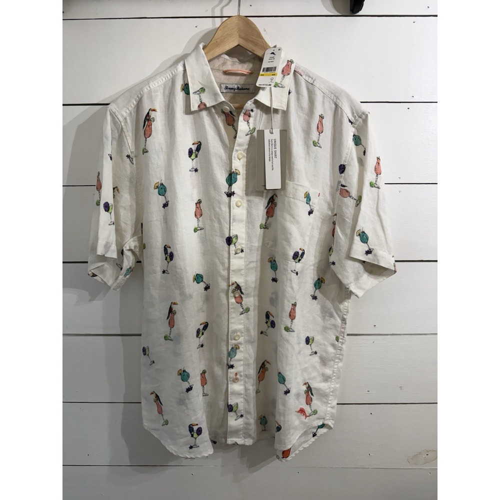 TOMMY BAHAMA Tropical Drink Toucan Tini Short Sleeve Linen Shirt Medium NEW NWT